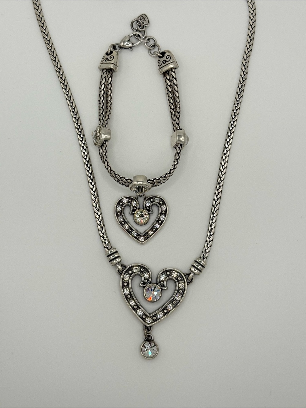 RETIRED BRIGHTON Silver Heart Crystal Necklace and Bracelet Matching Set